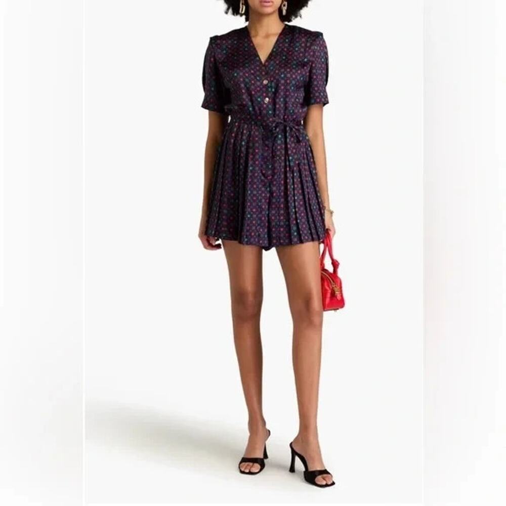 Sandro Curry Satin Romper Purple Star Print Short Sleeve Belt Pleat V Neck 38 - Picture 5 of 14